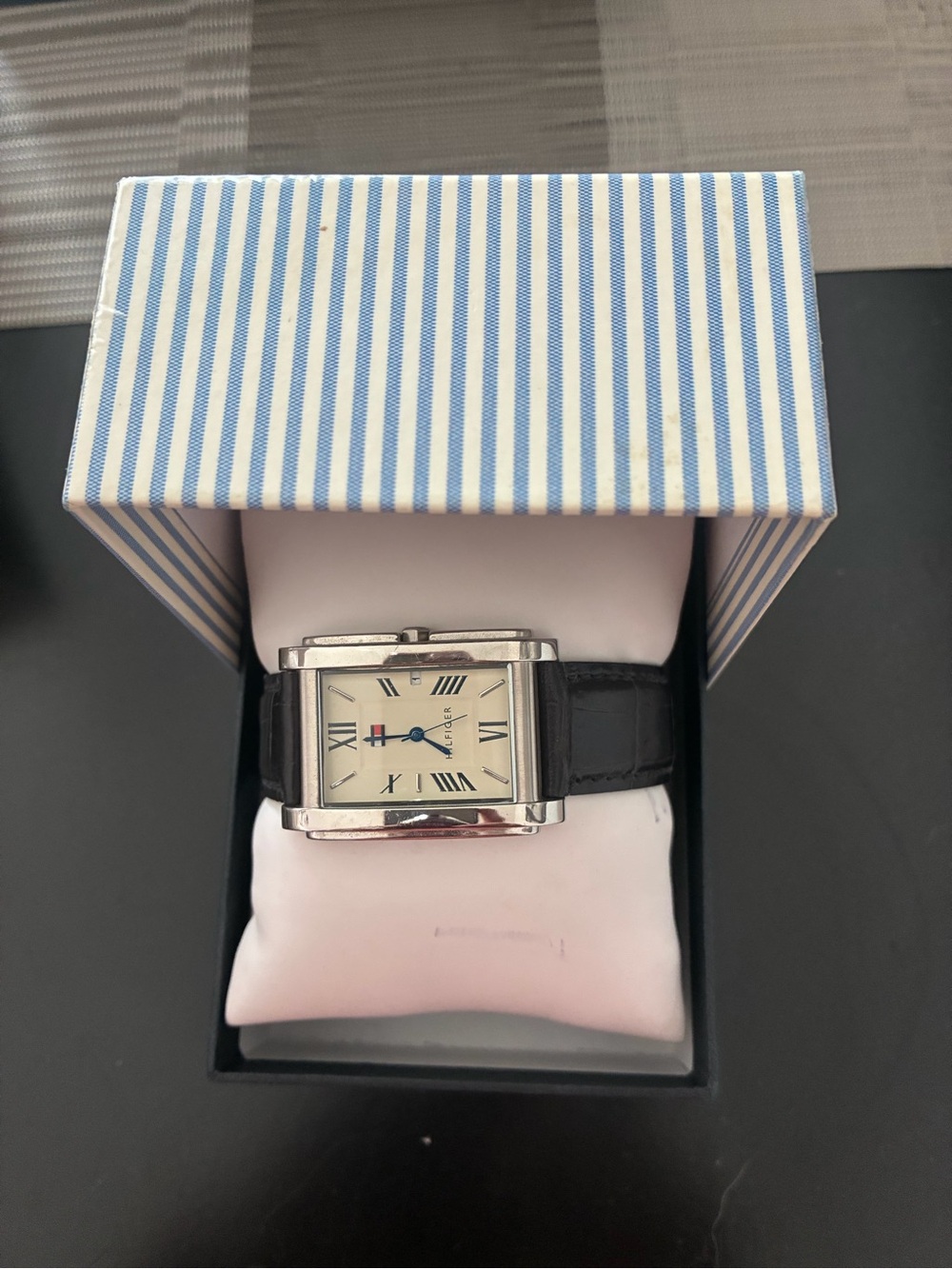 Tommy Hilfiger Rectangular Silver-Tone Watch with Black Leather Strap